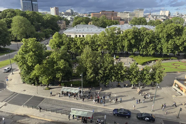 OSLO Norway 2026-06-10 Overlooking rooftop cityscape view towards north from Odd Fellow-bygn. (Stortingsg 28) Slottsparken Frederiks gate NATIONALTHEATRET holdeplass bus stop JOHANNE DYBWADS PL. Studenterlunden Universitetet pedestrian