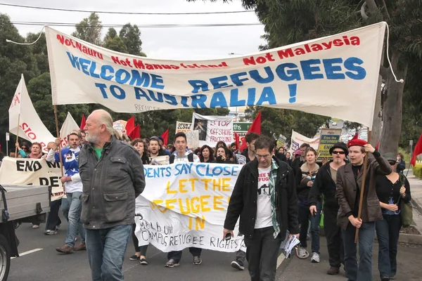 Banner: Welcome refugees to Australia - refugee protest march
