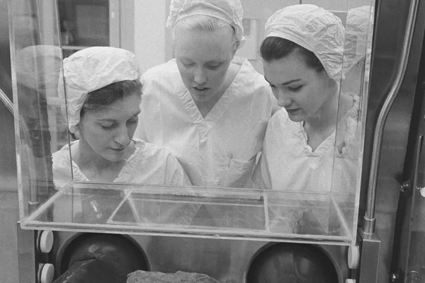 Technicians examine largest lunar rock sample collected