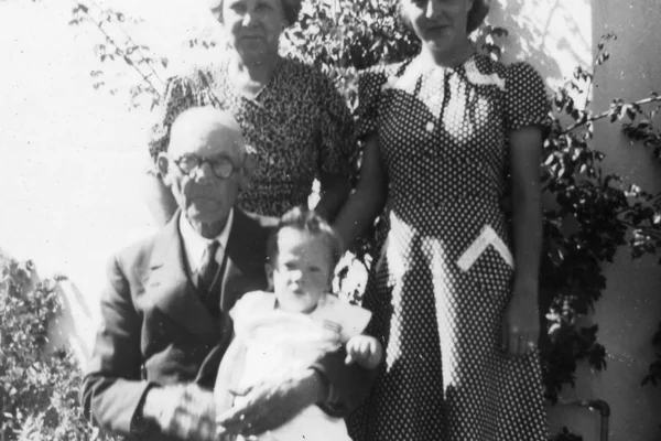 My mother, grandmother, great-grandfather and me at 171 Madrone Avenue, Larkspur, California in 1941