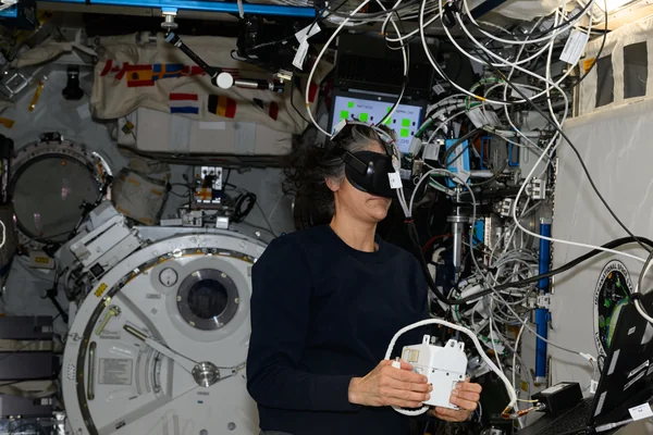 Astronaut Suni Williams wears a virtual reality headset during spacewalk training