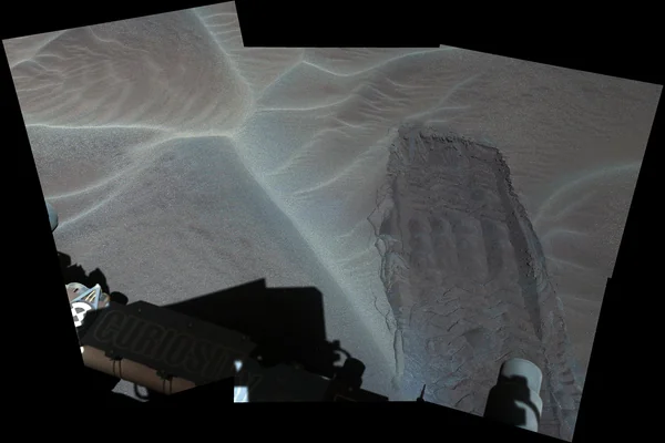 Rover Track in Sand Sheet Near Martian Sand Dune