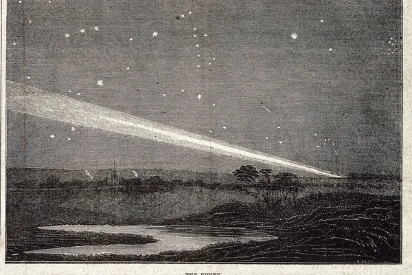 Astronomy: comet night sky. Wood
