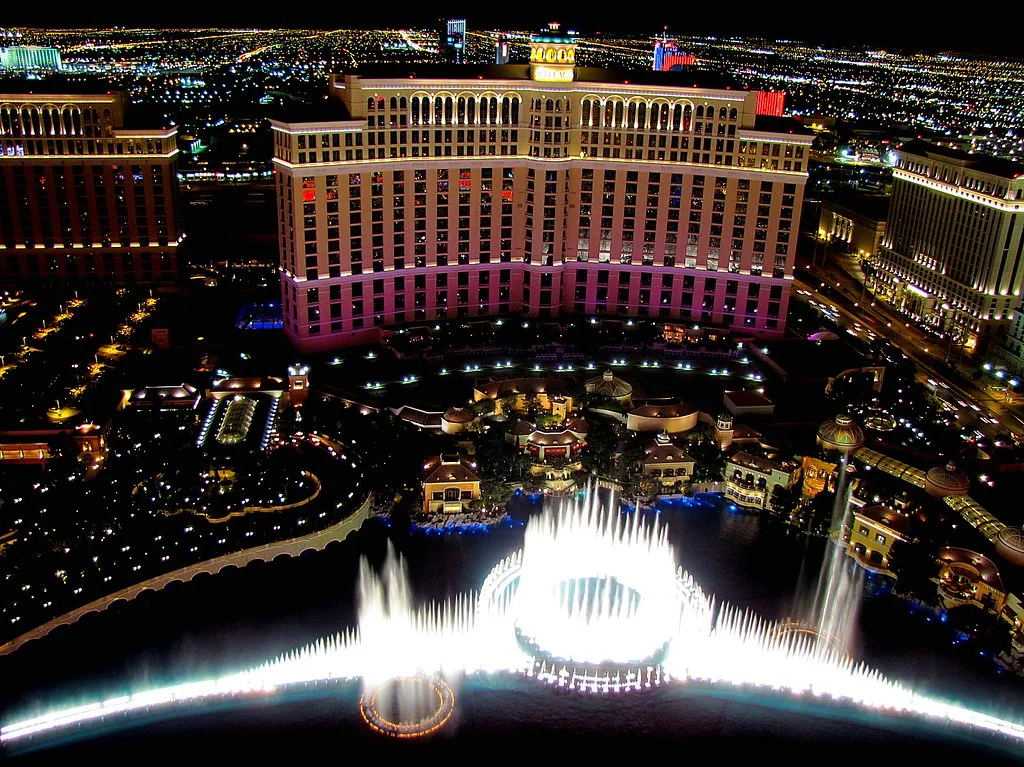A night view of the Bellagio and Las Vegas from above
