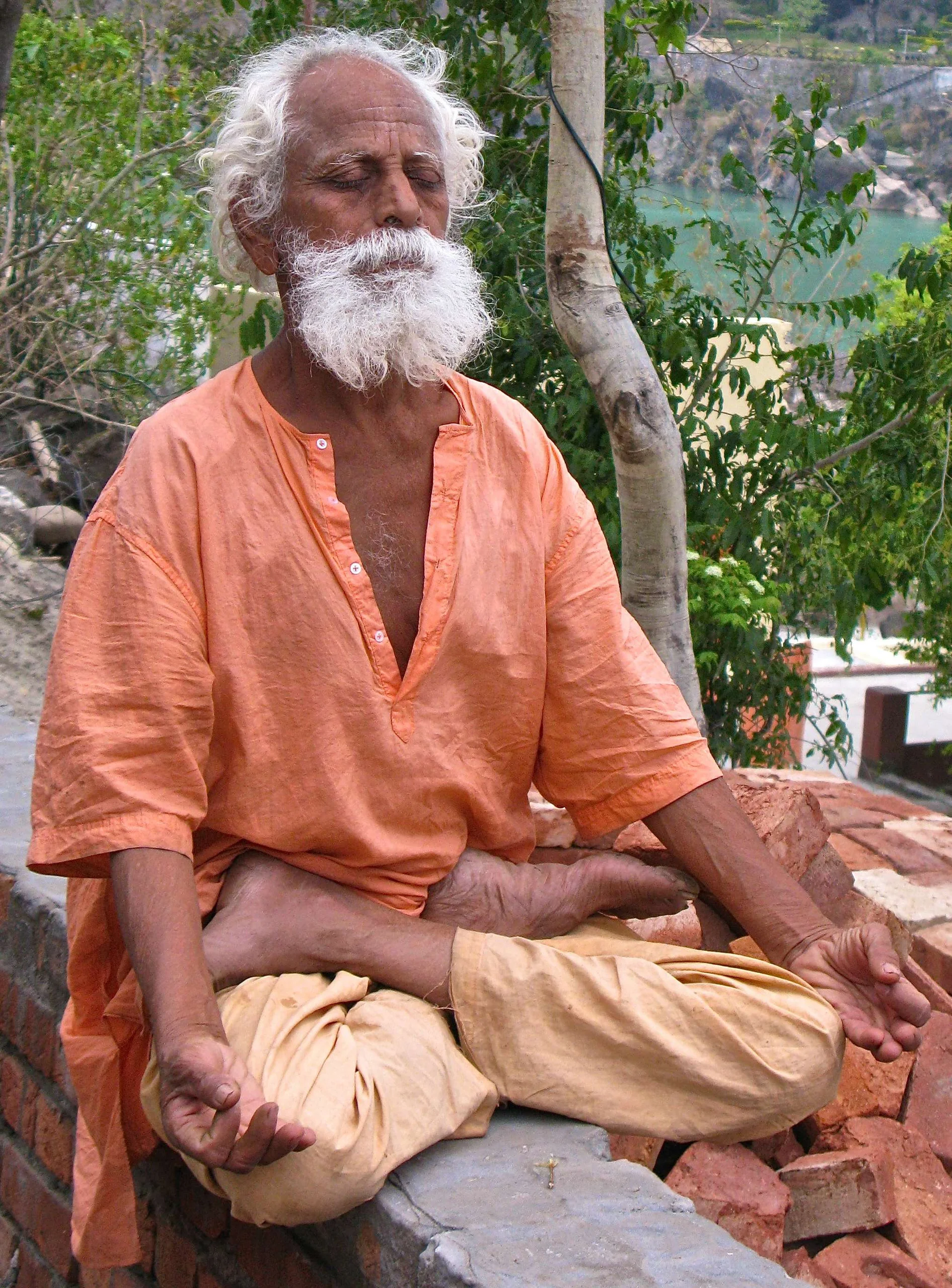 1 Sannyasi in yoga meditation on the Ganges, Rishikesh cropped