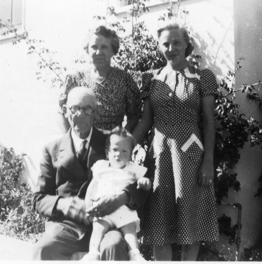 My mother, grandmother, great-grandfather and me at 171 Madrone Avenue, Larkspur, California in 1941